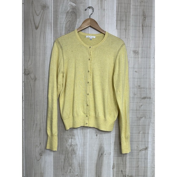 CAbi Sweaters - CAbi Cardigan Sweater Yellow Speckled Lace Trim Accent 100% Cotton L Coquette